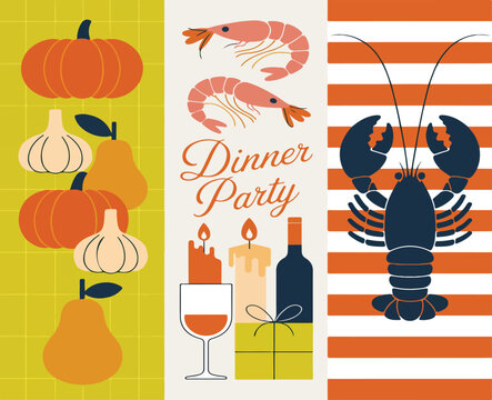 Dinner party themed graphic illustrations pumpkin, garlic, pear, shrimp, dinner, party, candle, wine, gift, lobster, orange, white, green, illustration, graphic, food, seafood, fruit, vegetable, 