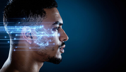 Futuristic man's profile merges with glowing digital circuitry, symbolizing advanced AI, data, and innovation in technology