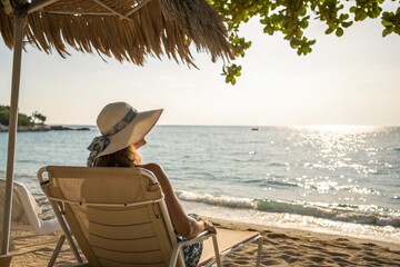 A woman is sitting on a beach chair under an umbrella, wearing a white hat