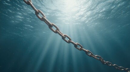 Illuminated Underwater Chain Surrounded by Sunrays in Clear Blue Waters, Capturing the Beauty and Mystery of Marine Life