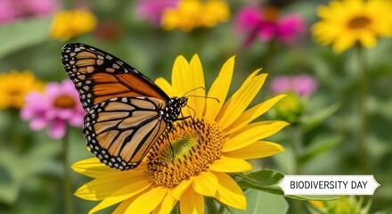Obraz premium A monarch butterfly perched on a yellow flower with a blurred background of other flowers.
