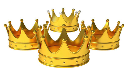 Five golden crowns arranged, one with white jewels, black backdrop