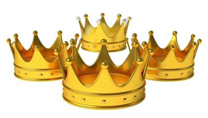 Five golden crowns arranged, one with white jewels, black backdrop