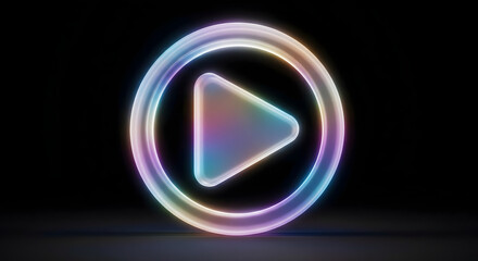 Glowing Play Icon on Black: A luminous, multi-colored play icon glows against a deep black background, radiating a sense of technological elegance and modern design.