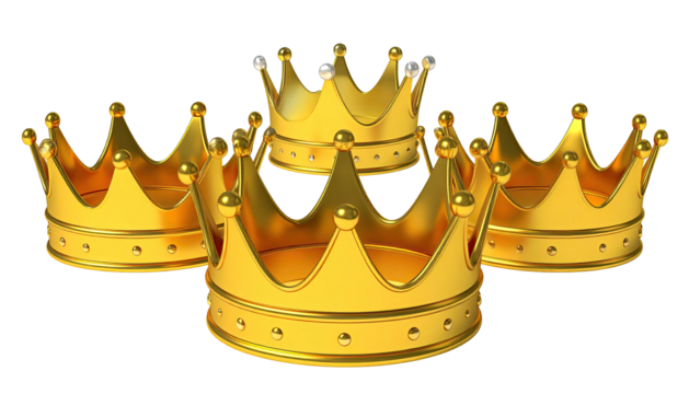 Five golden crowns arranged, one with white jewels, black backdrop