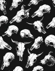 A dark backdrop showcasing multiple skulls, rendered in white ink