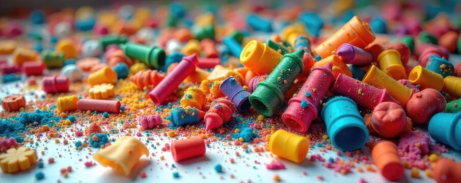 A vibrant, chaotic pile of broken colorful toys, paint splatters and discarded crayons creating a scene of playful destruction , pink, hues