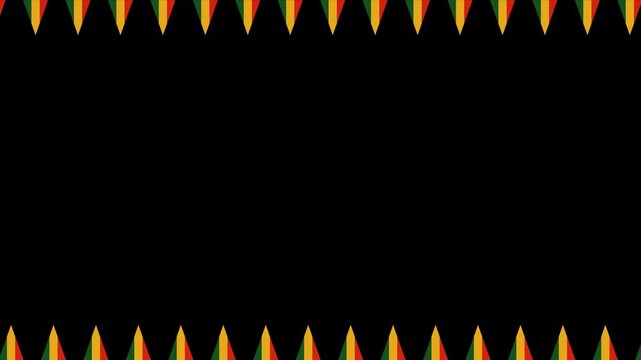 Black History Month Bunting Frame Video. Seamless Loop African Colors Garland Border. Red Yellow Green Pennants on Black Copy Space. Kwanzaa Celebration Background.