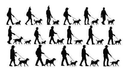 People walking pets silhouettes isolated on white background, Vector