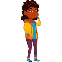 Illustration Of A Young Girl With Curly Dark Hair Wearing A Yellow Hoodie And Purple Pants Standing On A Transparent Background