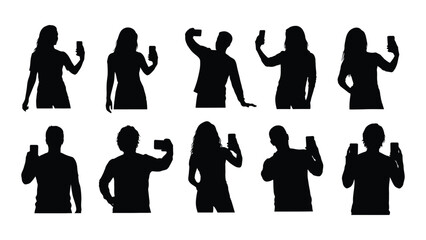 People taking selfies silhouettes isolated on white background, Vector