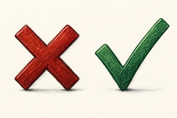 Obraz premium Checkmark and Cross Mark Icons: A bold, close-up image showcases a vibrant green check mark beside a striking red cross mark, symbolizing the fundamental concepts of acceptance and rejection.