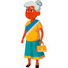 Indian Elder Woman Standing Holding Handbag Wearing Traditional Saree Orange Shirt Teal Skirt with Blue Border and Gray Hair Bun