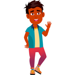 Indian Boy Schoolboy Kid Poses Set Vector Primary School Boy Waving Hand Cartoon Style Standing Full Body