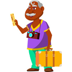 Indian Elderly Man Poses Set Traveling Tourist With Suitcase And Ticket Holding Camera Around Neck Wearing Purple Shirt Teal Pants And Holding Ticket With Yellow Accents White Background