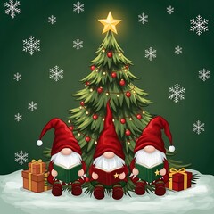 Three cute christmas gnomes with gifts and decorated tree in festive snow scene isolated on white background