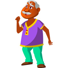 Indian Elderly Man Standing Pose with White Hair and Mustache Wearing Purple Tunic and Teal Pants Isolated on White Background
