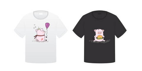Black and white unisex short sleeve t-shirts with funny pig mascots. Tee design with piggy with hamburger and balloon, isolated on white background. Mockup, template for print.