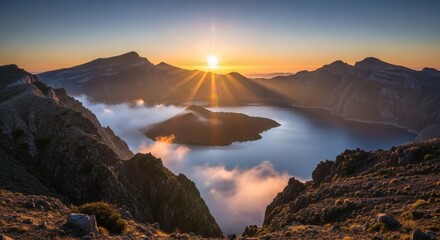 Sunrise over a tranquil lake nestled amongst majestic mountains, sunburst rays