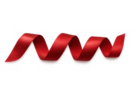 Red satin ribbon curling for celebration, holiday design, gift wrapping, opening decoration on transparent background