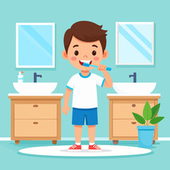 Cheerful Cartoon Boy Brushing Teeth in Bathroom, Smiling, Healthy Oral Hygiene.