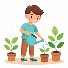 Cheerful Cartoon Boy Watering Potted Plants with Blue Watering Can, Smiling.