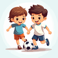 Cheerful cartoon boys playing soccer, holding hands, with a classic black and white ball.
