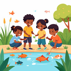 Cheerful Cartoon Children Feeding Fish in a Pond, Enjoying Outdoor Fun and Playtime.