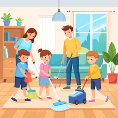 Cheerful cartoon family of five doing household chores together, cleaning the living room with smiles.