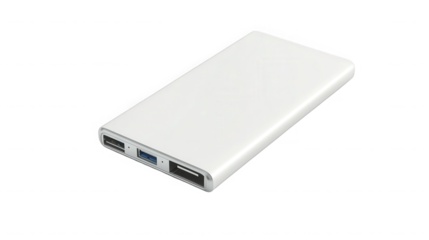 Sleek white power bank for charging mobile devices on the go for modern users on transparent background