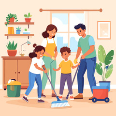 Cheerful Family Actively Engaged in Household Cleaning Together.