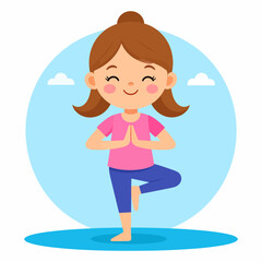 Cute cartoon girl in yoga tree pose, smiling, wearing pink shirt and blue pants, hands in prayer.