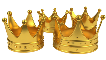 Three golden crowns stand, shiny and regal on black