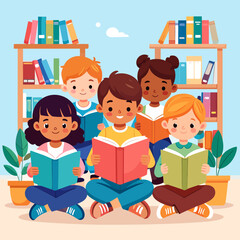 Diverse group of children engrossed in reading books on the floor.