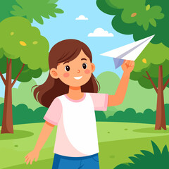 Happy cartoon girl with brown hair holding a white paper airplane, ready to throw.
