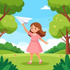 Girl in Pink Dress Holding Paper Airplane, Smiling, with Brown Hair.