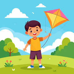 Smiling Boy Holding a Colorful Diamond Kite with Pink and Yellow Panels.