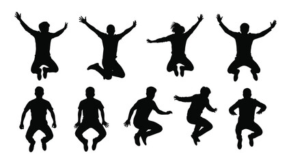 People jumping and squatting silhouettes isolated on white background, Vector