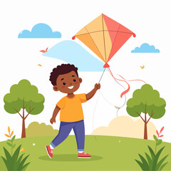 Joyful cartoon boy with dark curly hair running happily while flying a colorful orange diamond kite.