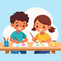 Two happy cartoon children, a boy and a girl, smiling while drawing and painting together at a wooden desk with art supplies.