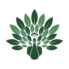 Geometric peacock emblem with stylized green leaves forming its fan tail, isolated on white