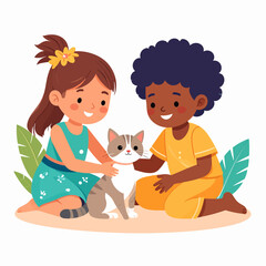 Two happy, diverse children, a girl and a boy, kneeling together and gently petting a small, cute tabby cat.