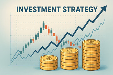 Investment Strategy: An illustration showing a dynamic upward trend in financial growth, with stacks of coins representing accumulating wealth, and a candlestick chart.