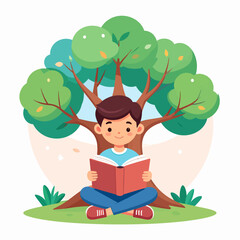 Young boy engrossed in reading a book under a large, leafy tree.