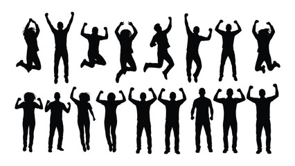 Energetic people silhouettes jumping and cheering isolated on white background, Vector