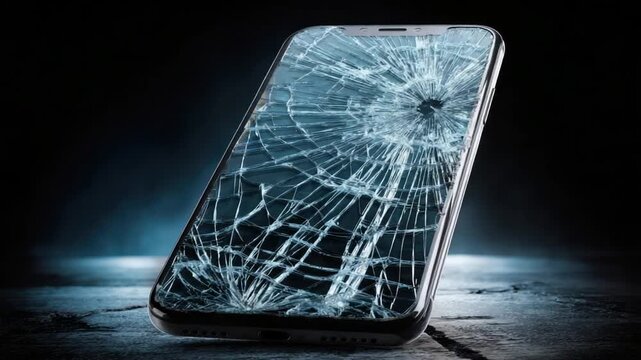 A phone with a cracked screen, possibly due to impact, rests on a reflective surface
