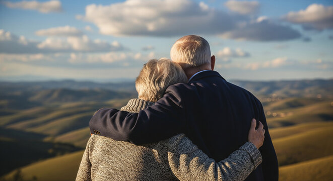 Back view of a senior couple embracing each other with a magnificent view of the hills in the background - Powered by Adobe