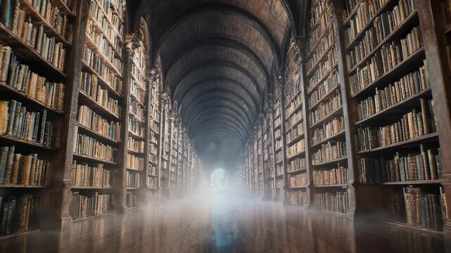 Ancient Library Hallway with Endless Bookshelves and Misty Atmosphere Dramatic Lighting