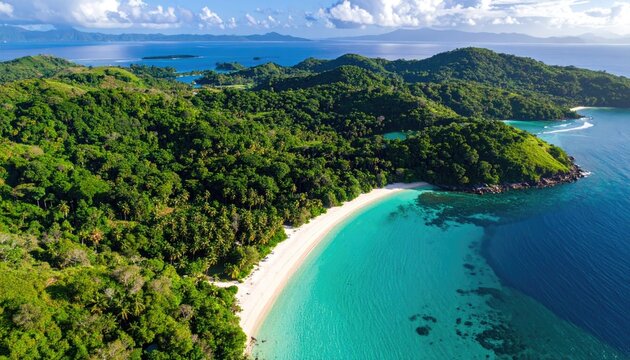 Aerial View of Lush Green Island With White Sandy Beach and Turquoise Ocean Water Under Bright Sunlight