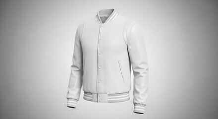 A 3D render of a pristine, white, button-up varsity jacket with ribbed collar, cuffs, and hem, set against a gradient gray background